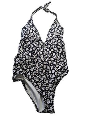 New Carmen Marc Valvo Black & White Floral Halter One-Piece Swimsuit Tie Back 14